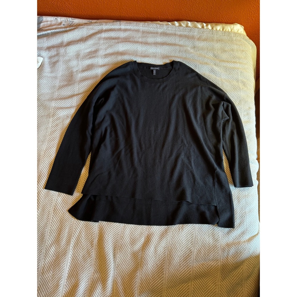 Eileen Fisher Black Wool Blend Oversized High Low Sweater Italian Yarn Large - Picture 3 of 9